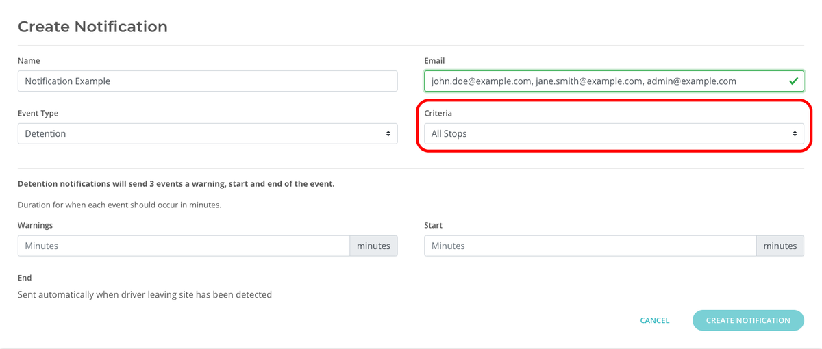 Detention criteria type dropdown