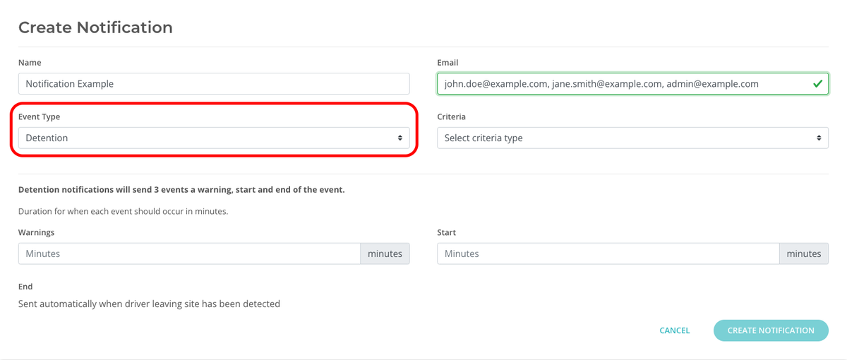 Detention event type selection