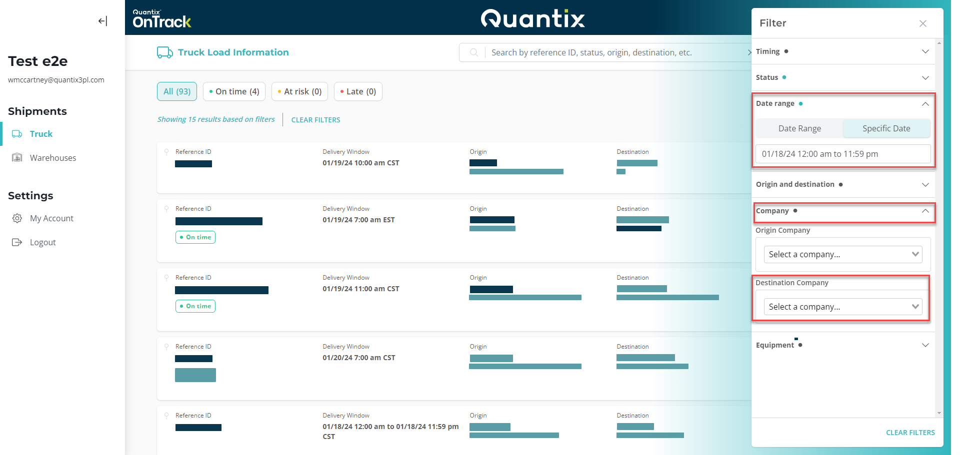 Shipment filter selection example