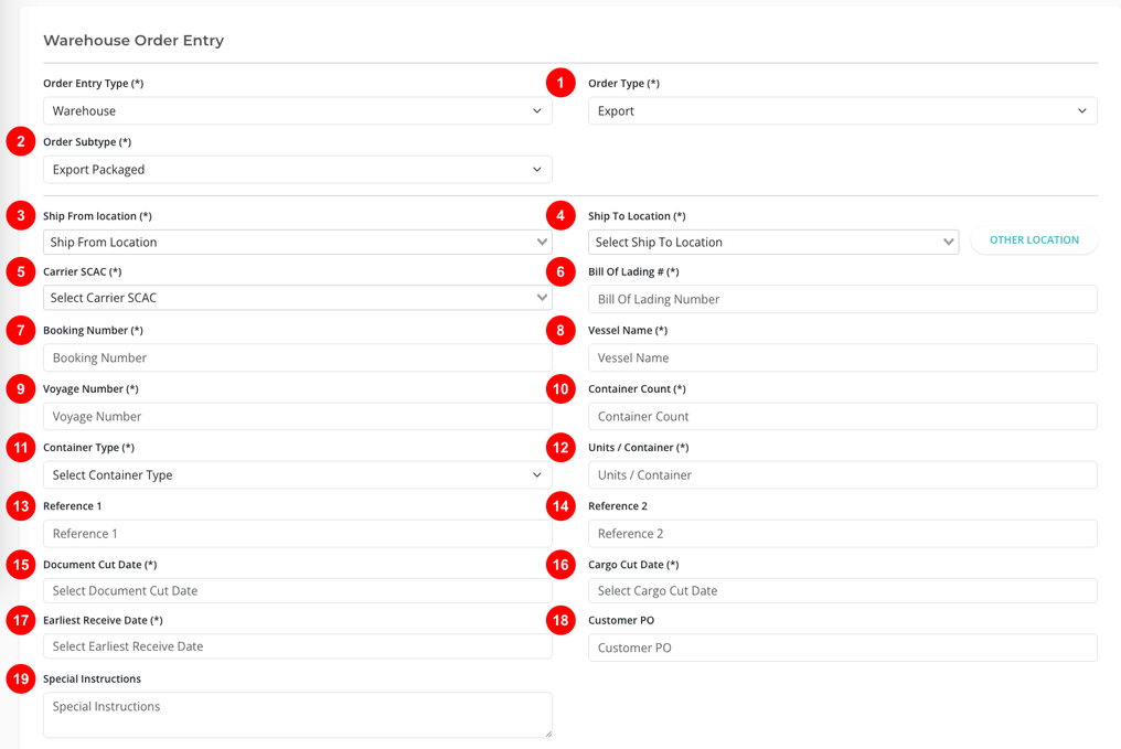 Warehouse order entry section screenshot