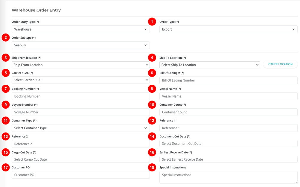 Warehouse order entry section screenshot