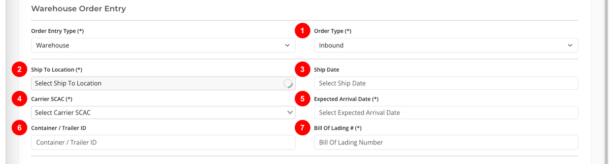 Warehouse order entry section screenshot
