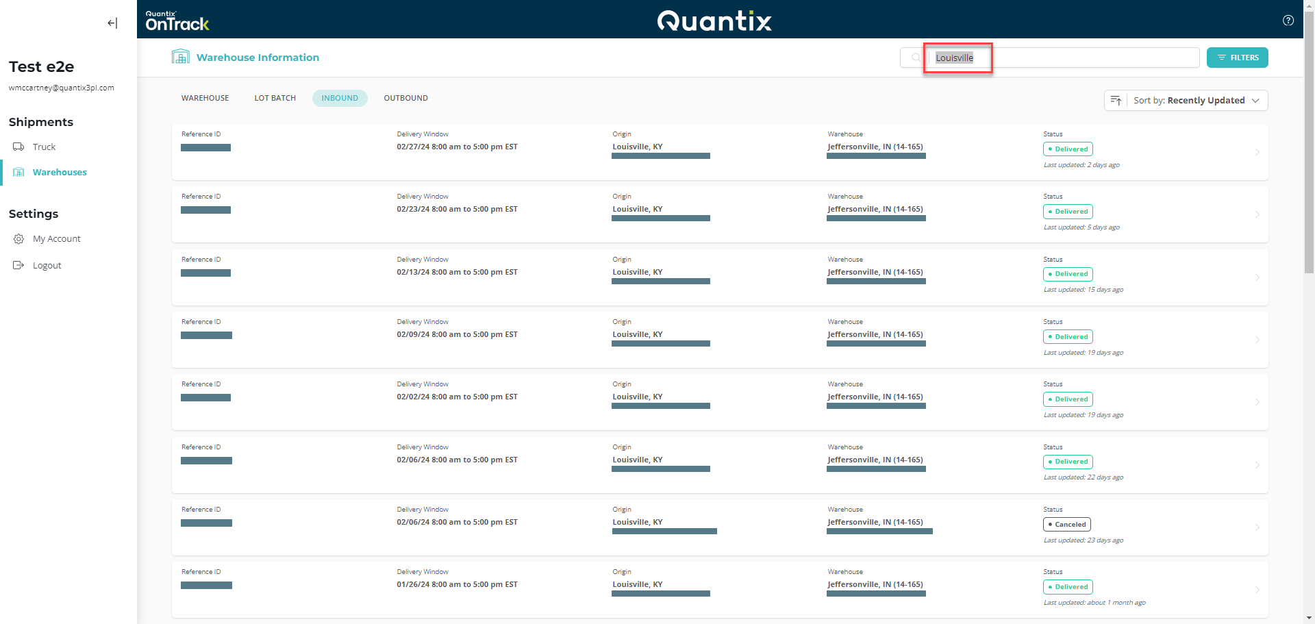 Inbound order search example