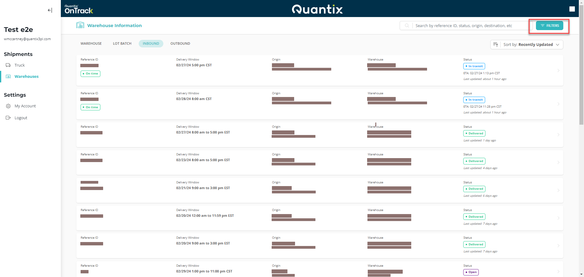 Inbound order filtering menu