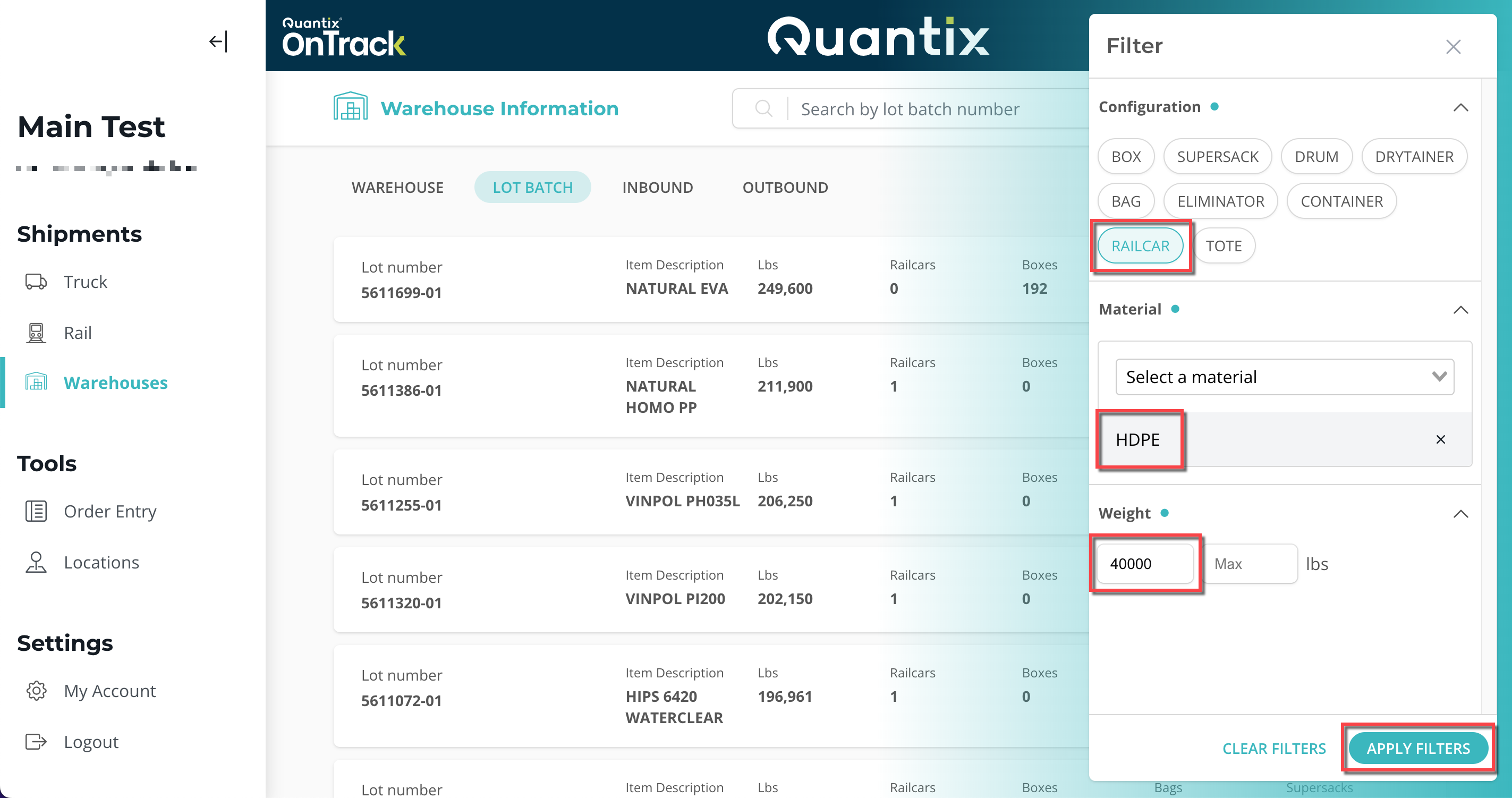 Filtered lot batches example