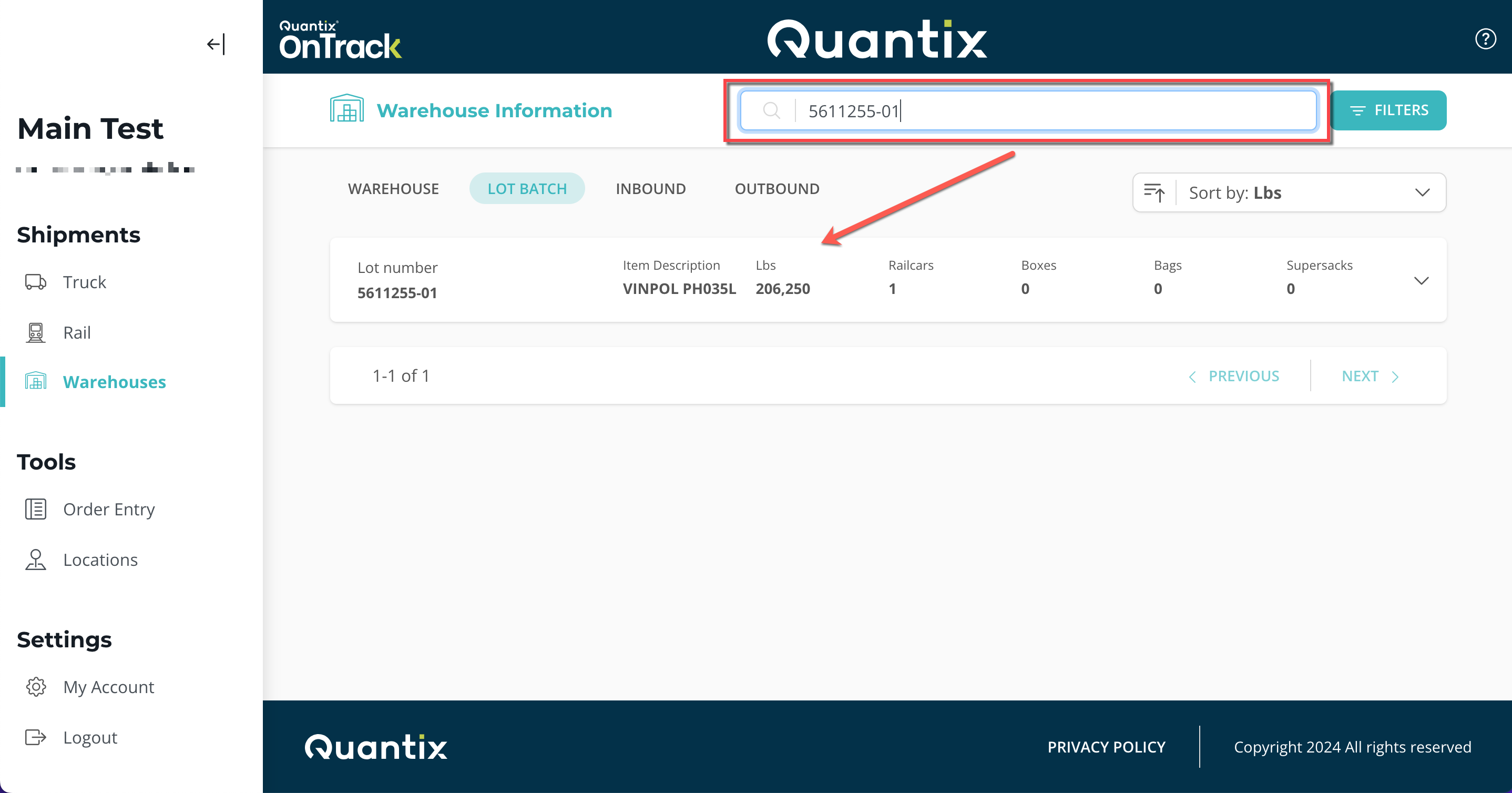 Lot batch search results example