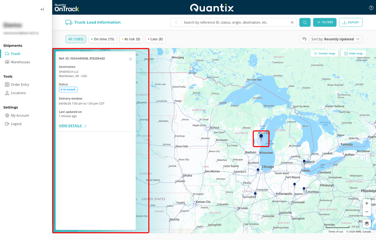Shipment details card on map