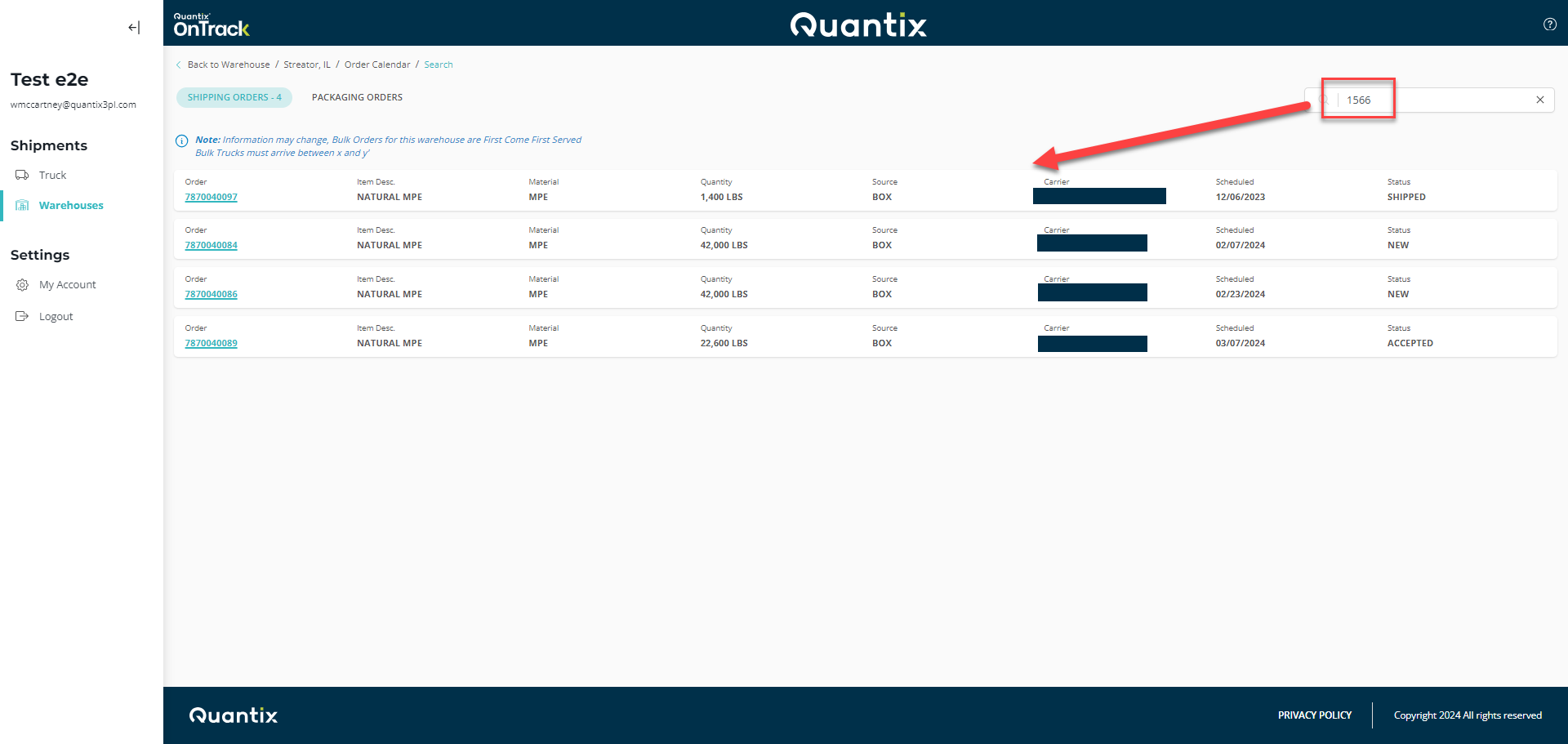 Warehouse Site Page Details Viewing the Order Calendar 4