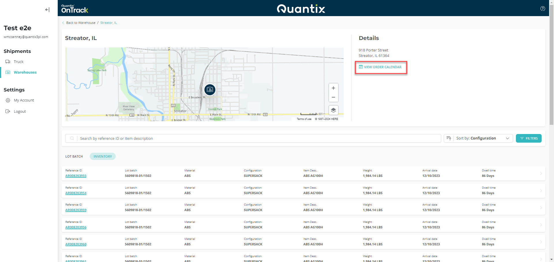 Warehouse Site Page Details Viewing the Order Calendar