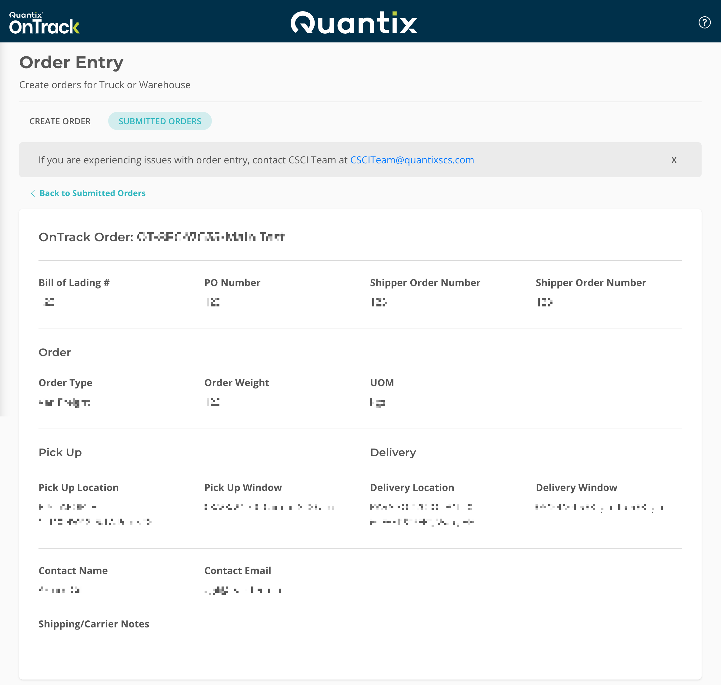 Submitted order details page example