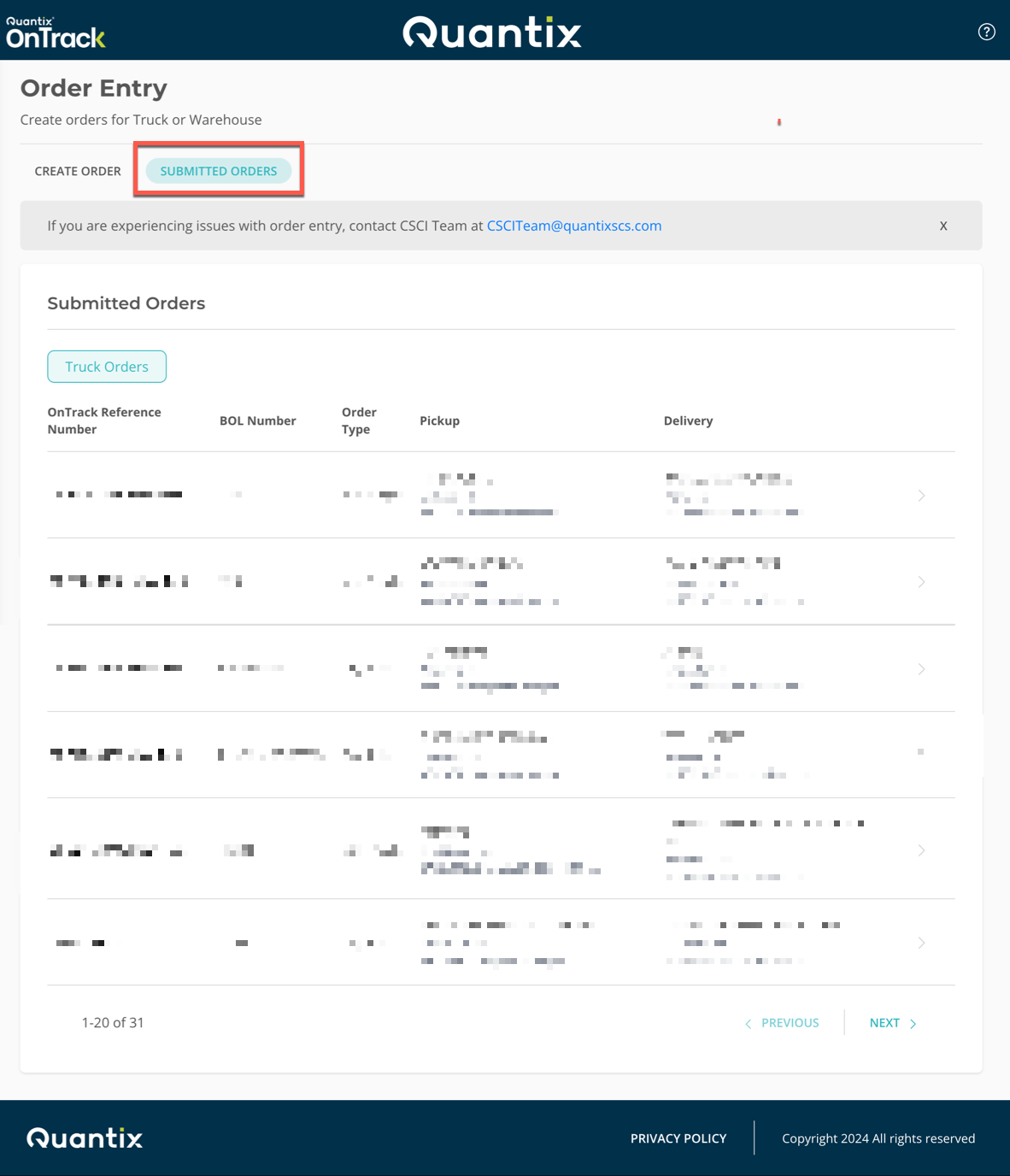 Submitted orders tab example