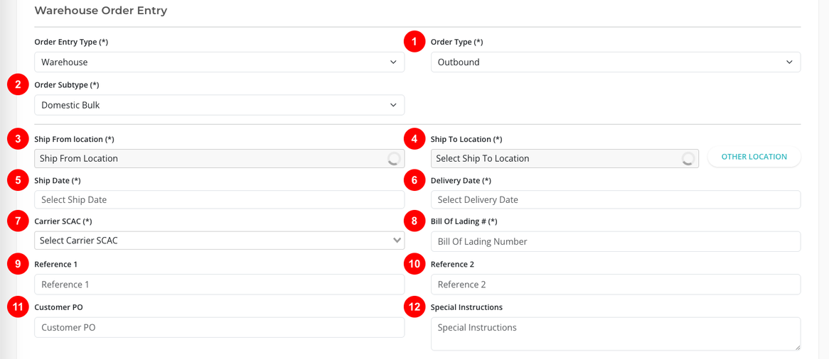 Warehouse order entry section screenshot