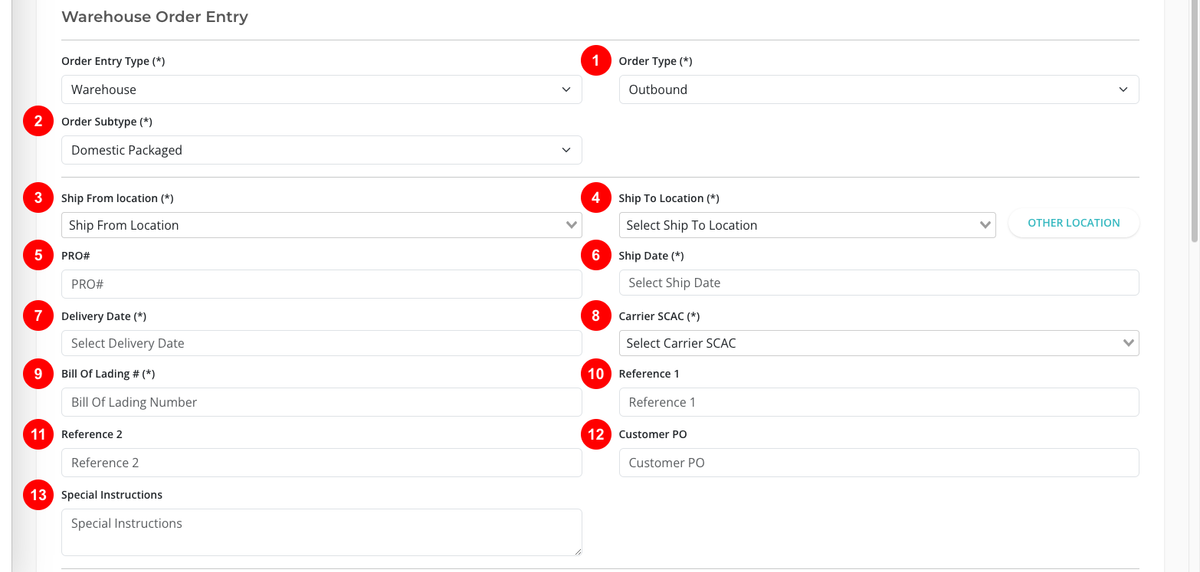 Warehouse order entry section screenshot