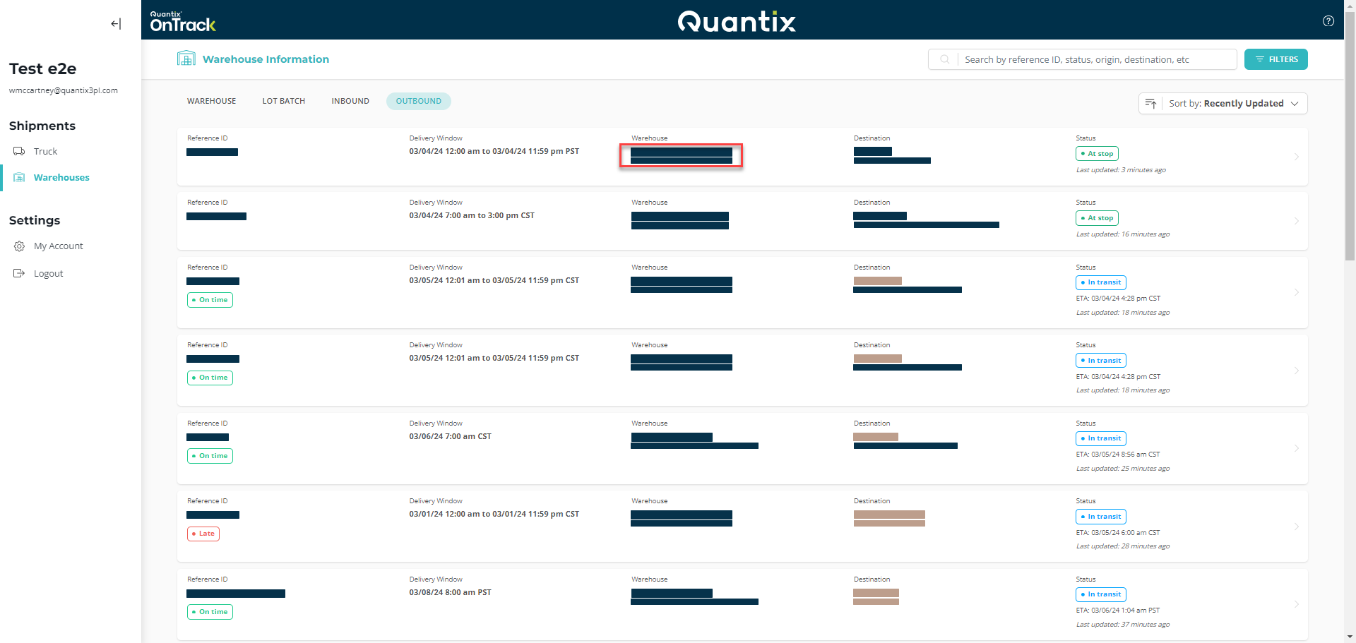 Outbound card warehouse location example