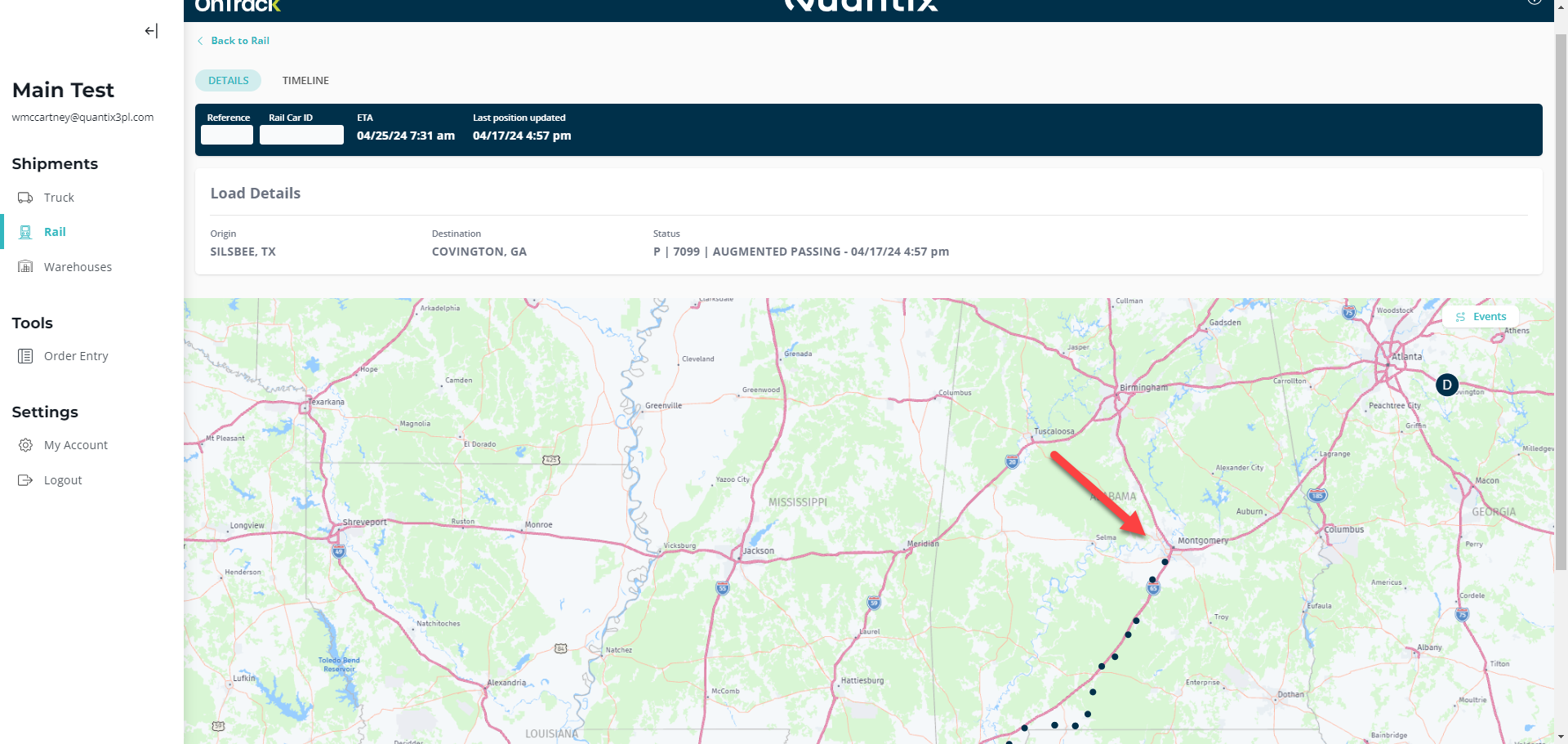 Rail shipment location map example