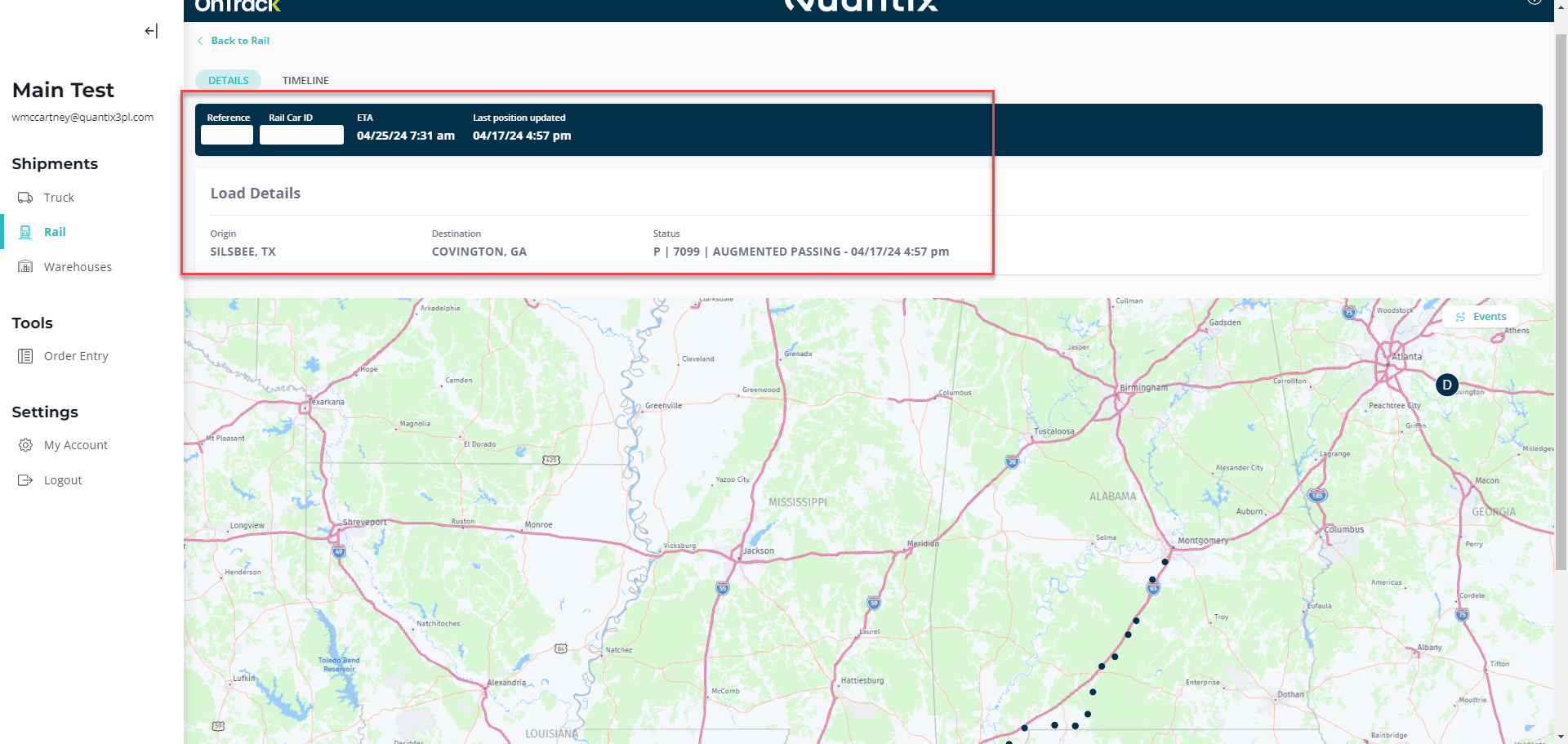 Rail shipment details section