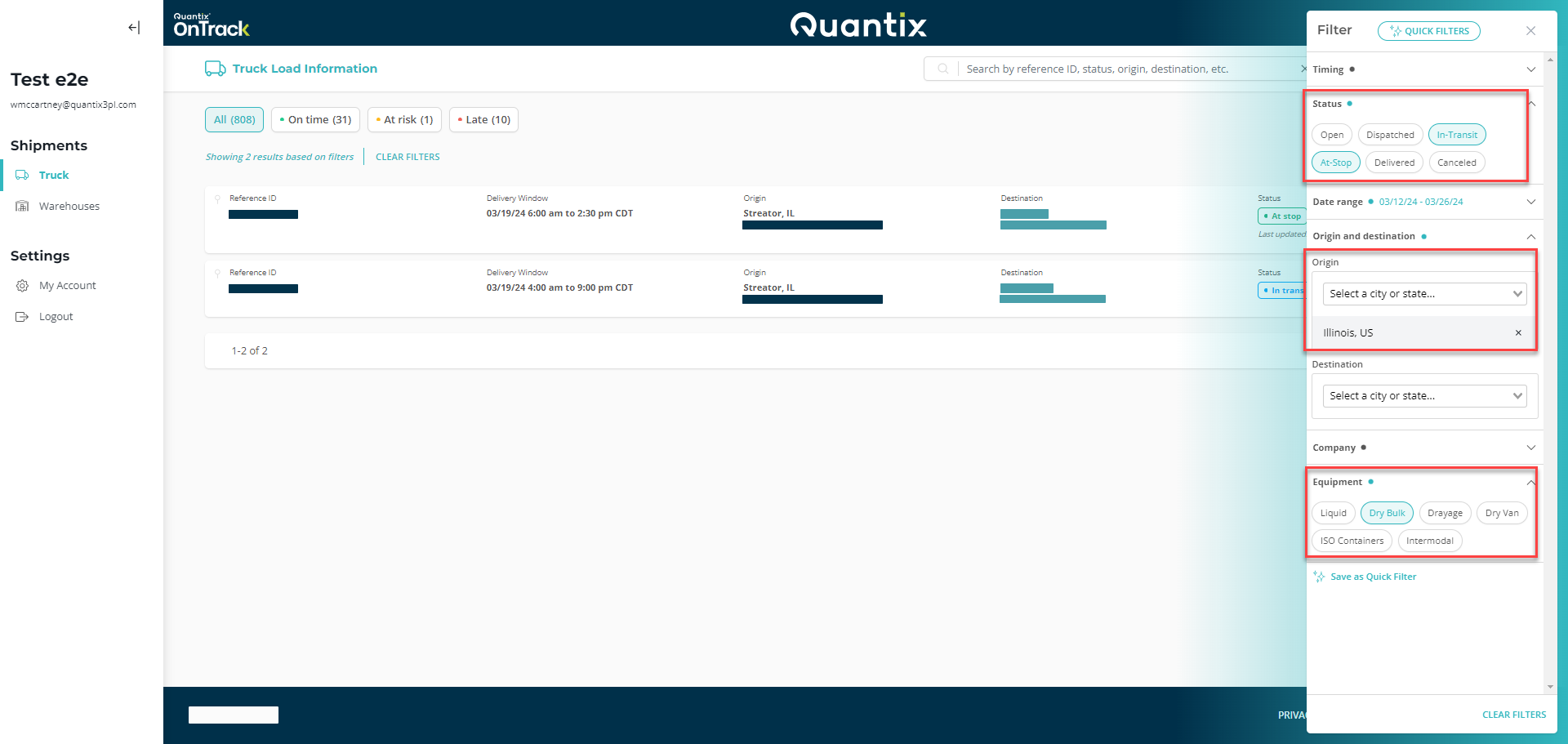 Shipment filter criteria example