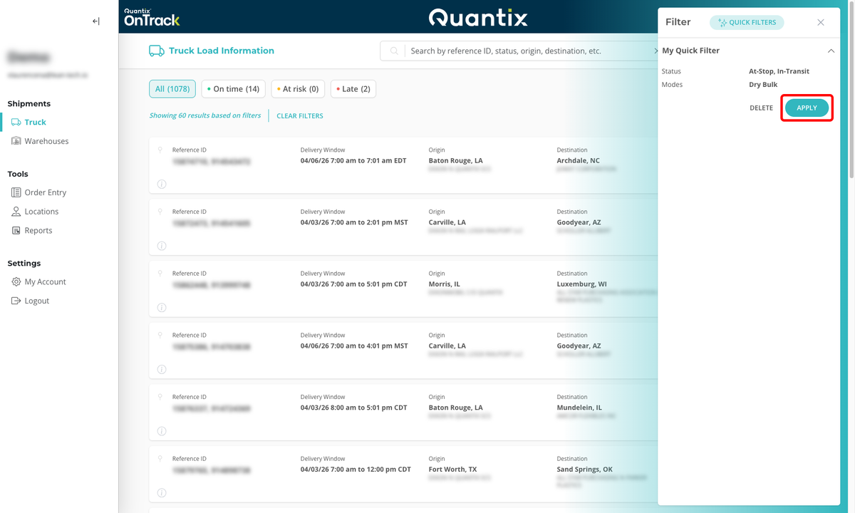 Quick filters menu example