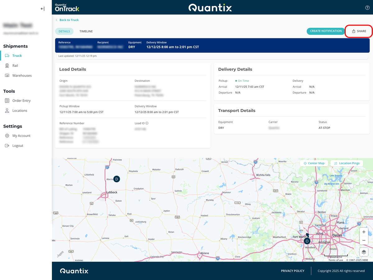 Share Shipment button example