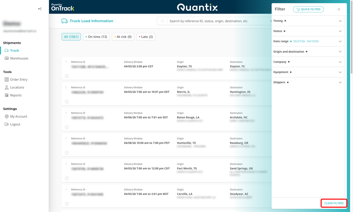 Clear filters button example