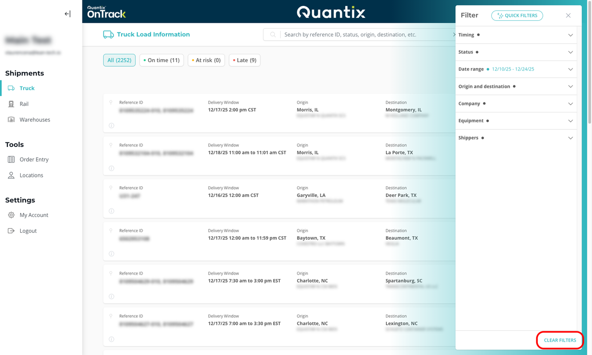 Clear filters button example