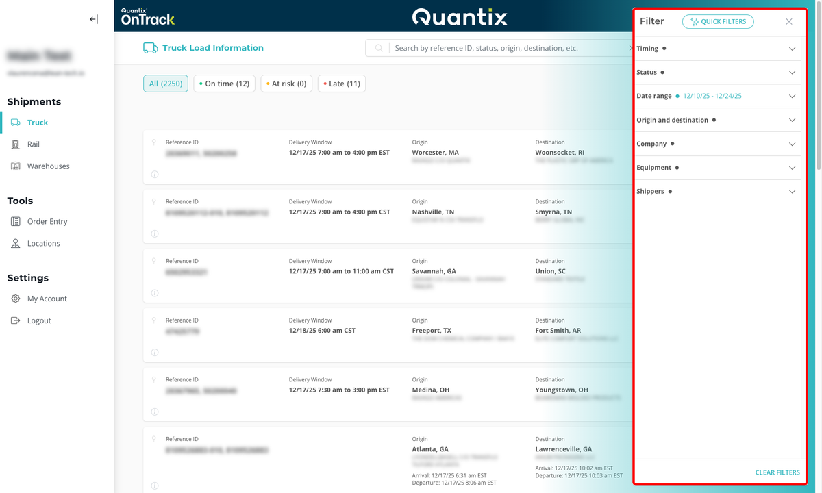 Shipment filtering menu example