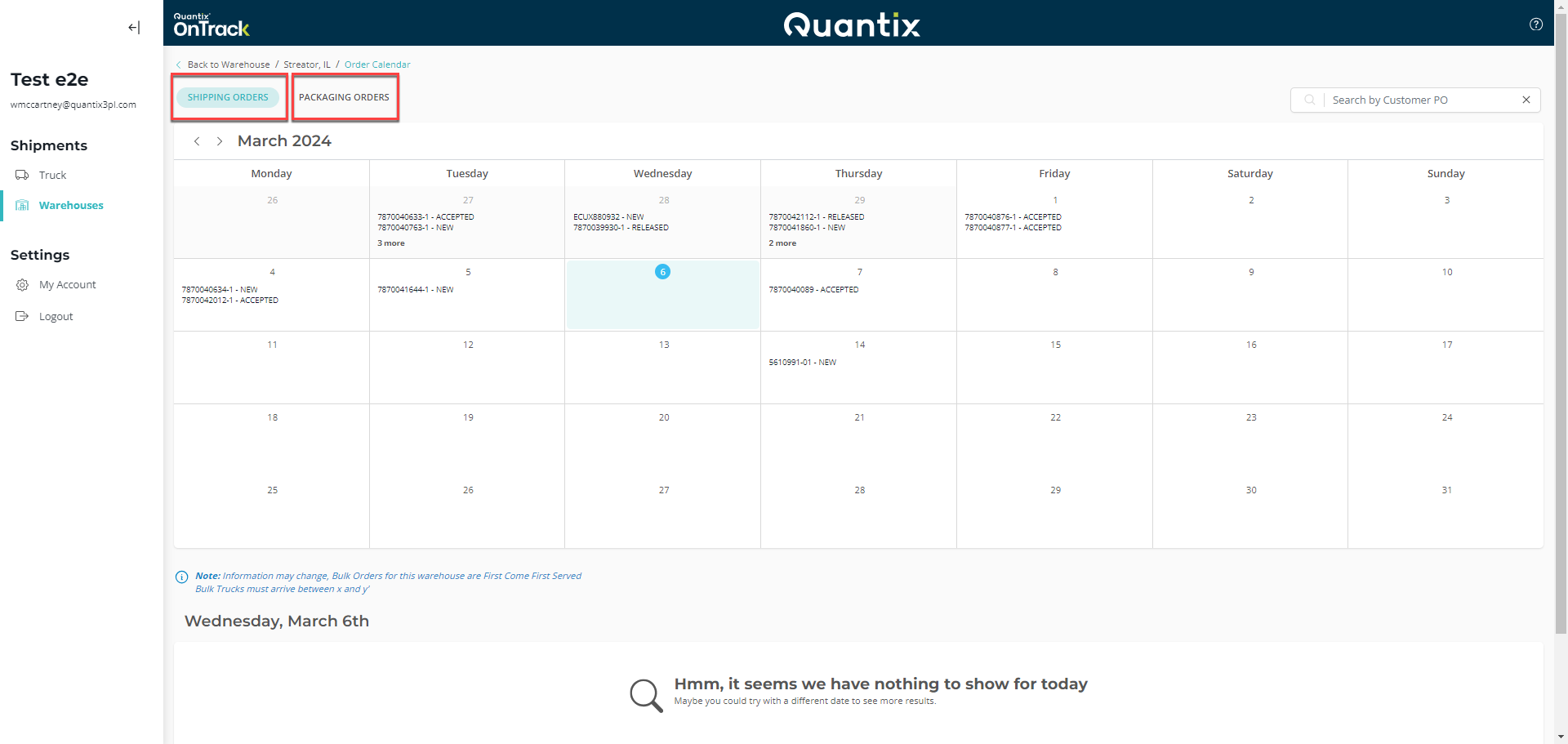 Warehouse Site Page Details Viewing the Order Calendar