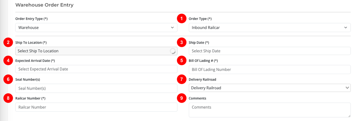 Warehouse order entry section screenshot