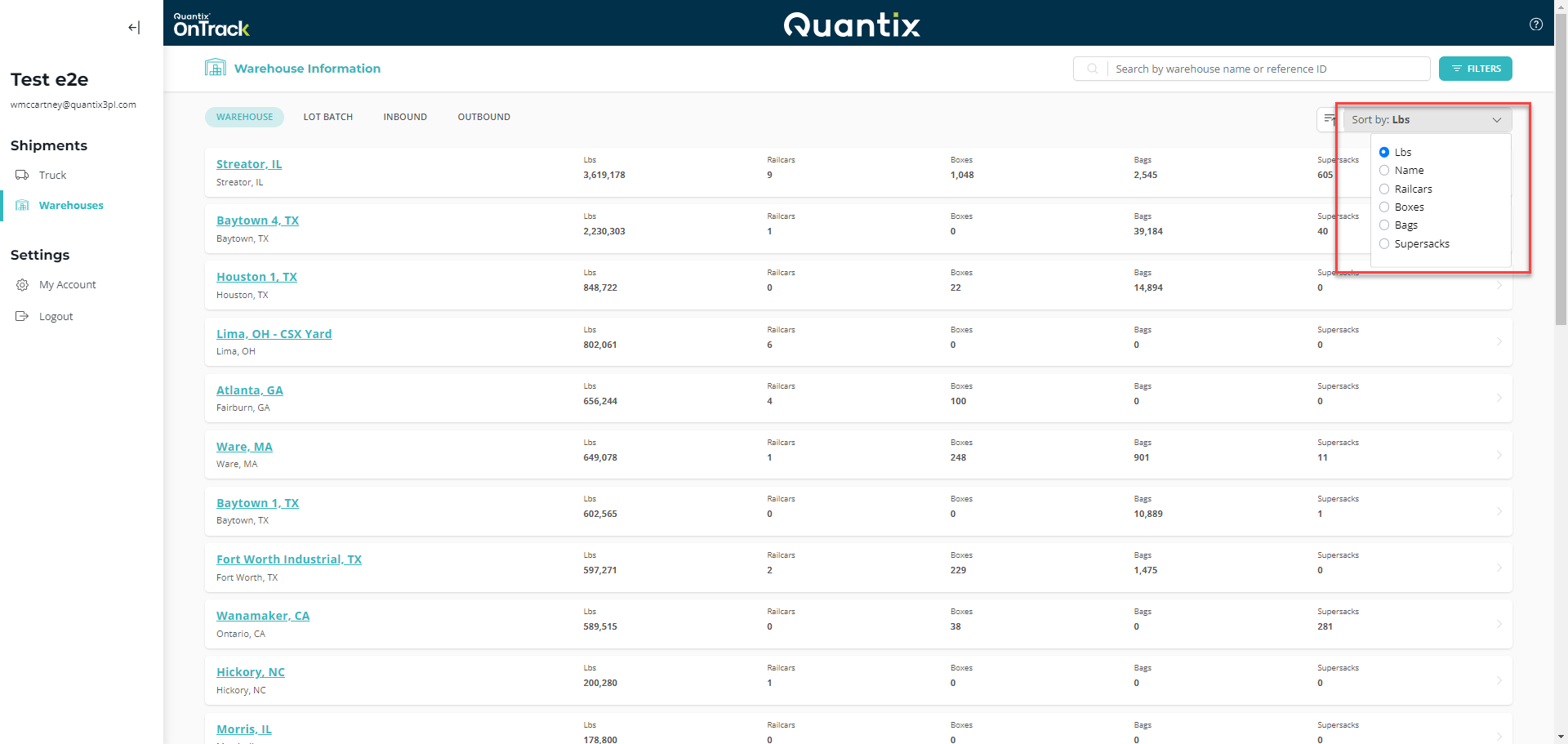 Warehouse sorting criteria example