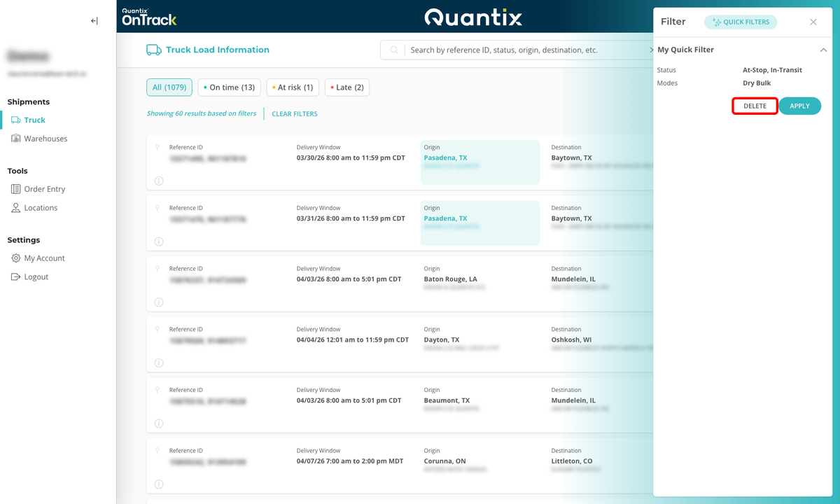 Quick filters menu example