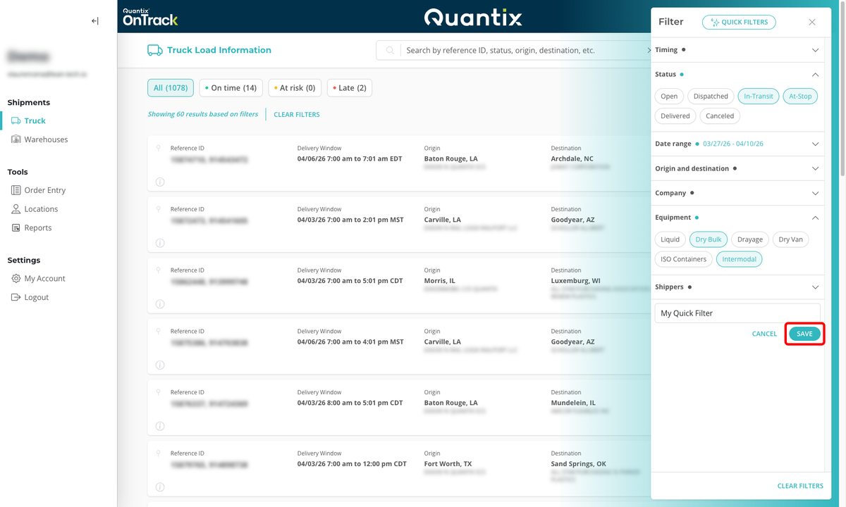 Quick filters menu example